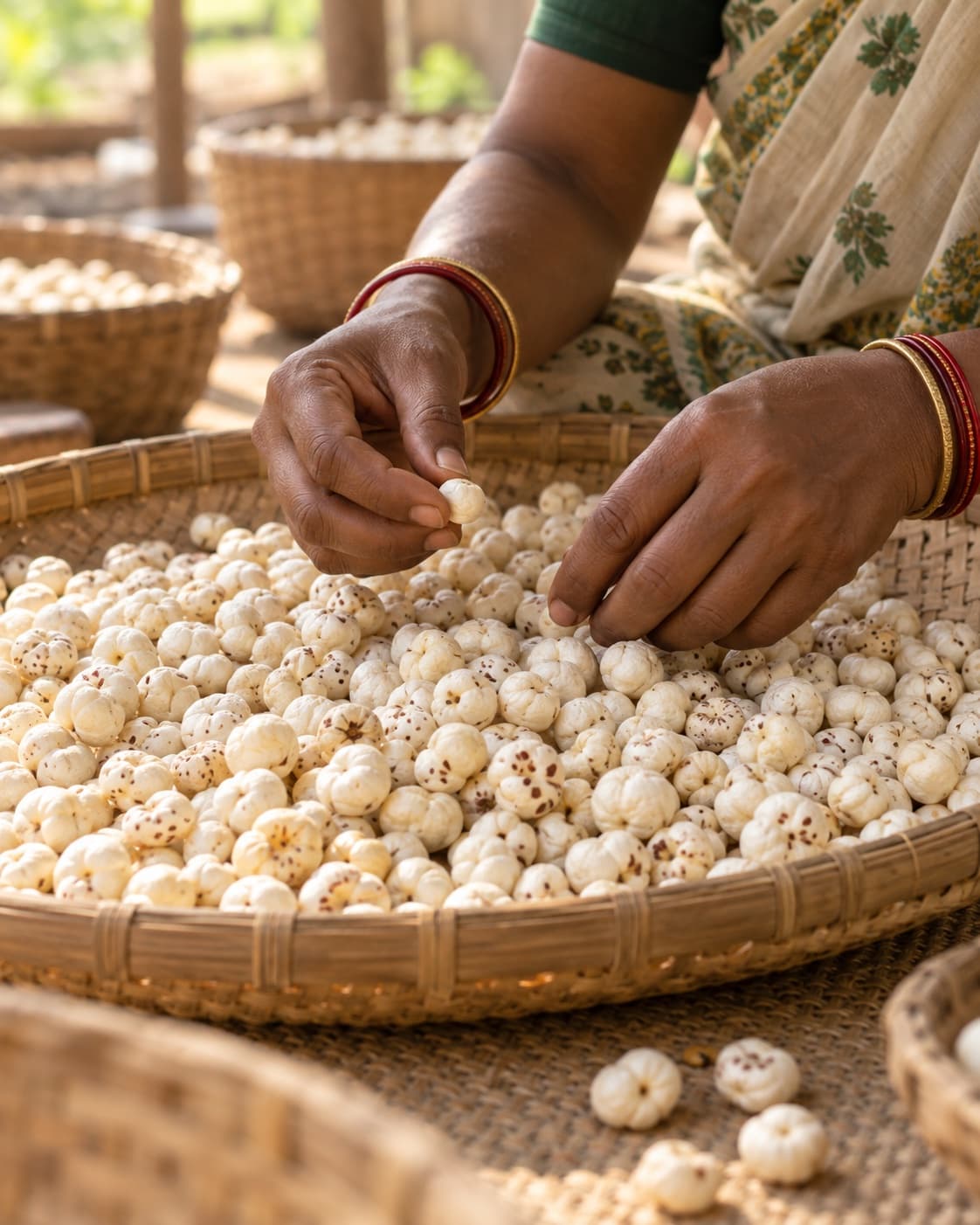 Foxnuts being sorted and graded by hand